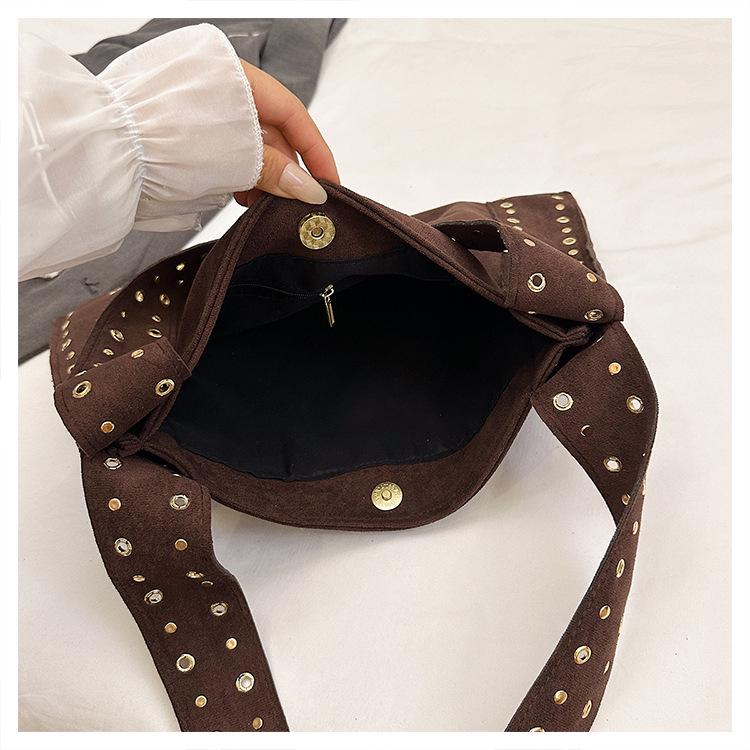 Women's Deerskin Tote with Metal Rivets - Spring/Summer 2025 Casual Shoulder Bag