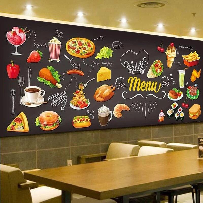 Simple Personalized Blackboard Graffiti Food Mural Wallpaper Cake Shop Cafe Hamburger Shop Restaurant Photo Wallpaper Wall Covering 3D
