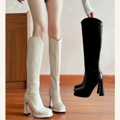Kleine dicksohlige hochhackige lange Schaft dünne Stiefel Damen neue quadratisch-absatzige dickabsatzige Ritterstiefel Reißverschluss hinten lange Stiefel