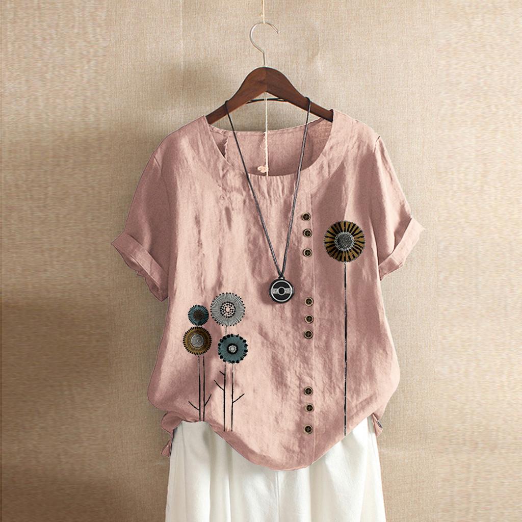 Women Buttons  Short Sleeve Floral Print Buttons Cotton Linen Vintage Top
