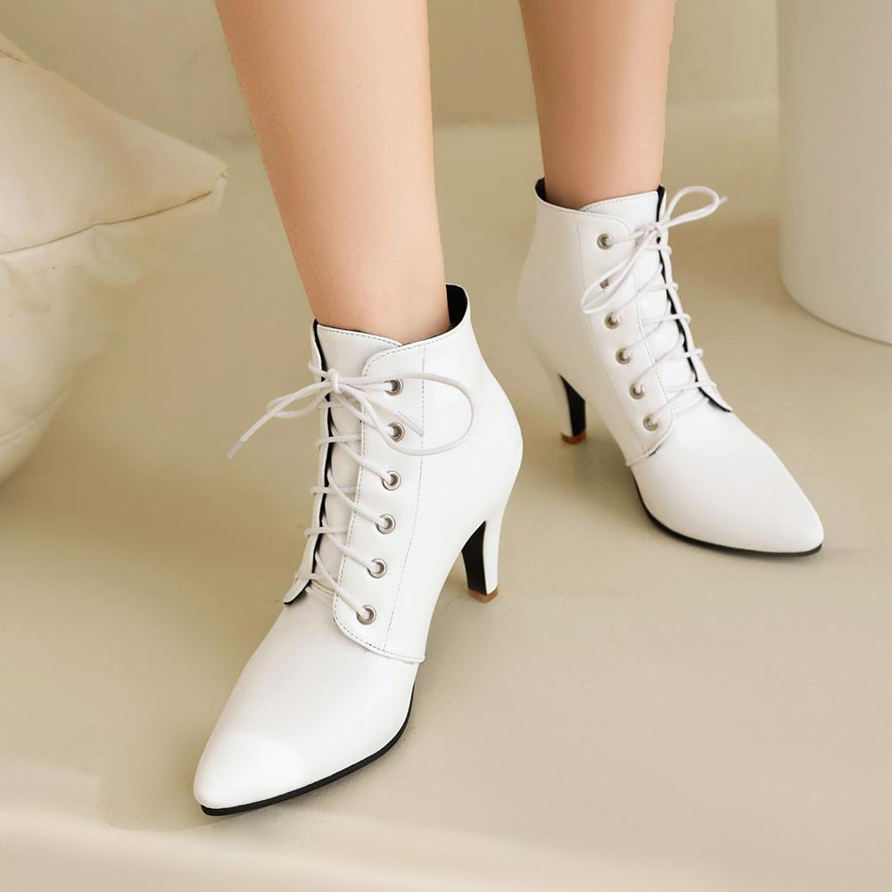 Spring Brown Apricot Women Ankle Boots Pointed Toe Lace up High Heel Small Big Size 33 47