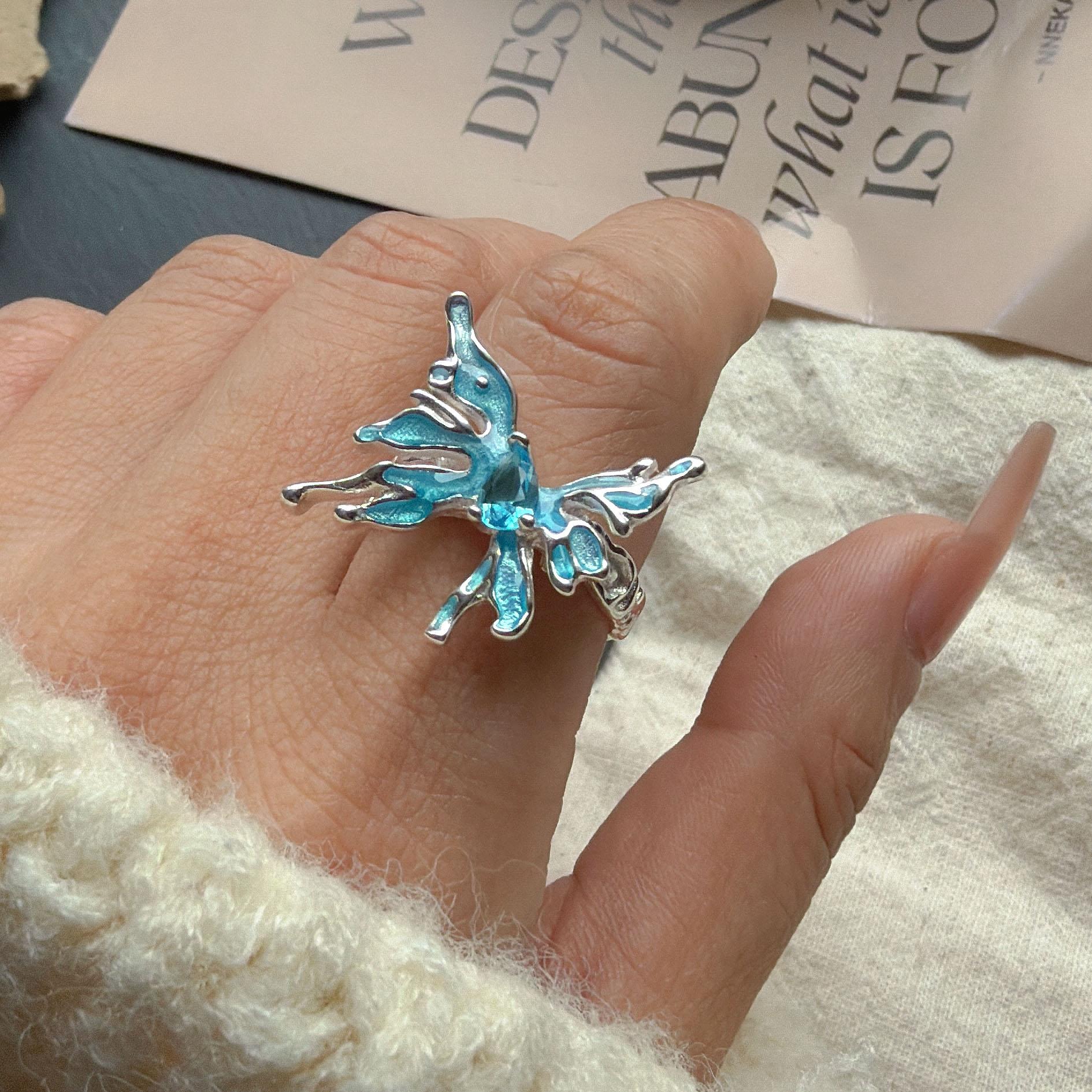 

925 Sterling Silver Rings for Women Couple Minimalist Handmade Simple Blue Butterfly Ring Fine Jewelry Gift Prevent Allergy resizable
