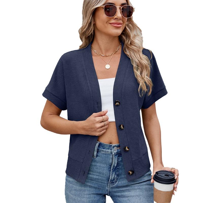 Frühling Sommer Waffel Lässig V-Ausschnitt Gestrickt Knopf Kurzarm Strickjacke Hemd