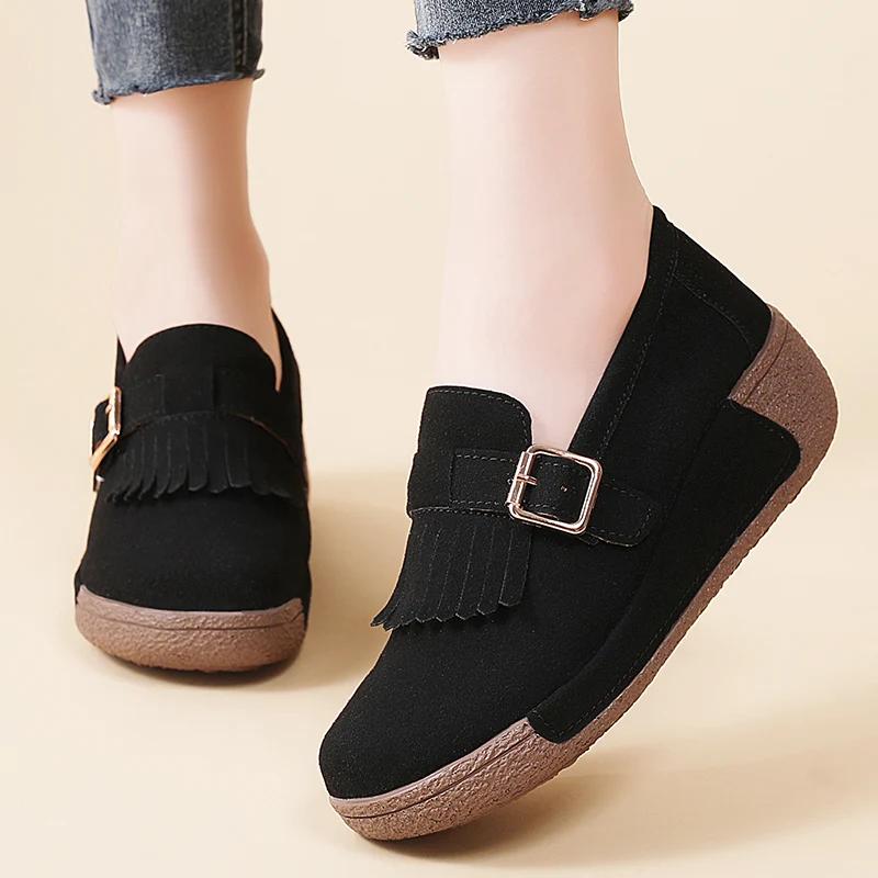 Fashion Thick Bottom Cow Suede Casual Shoes Women Platform Flats Flatform Loafers Sneakers Ladies Non-Slip Slip On Walking Shoes