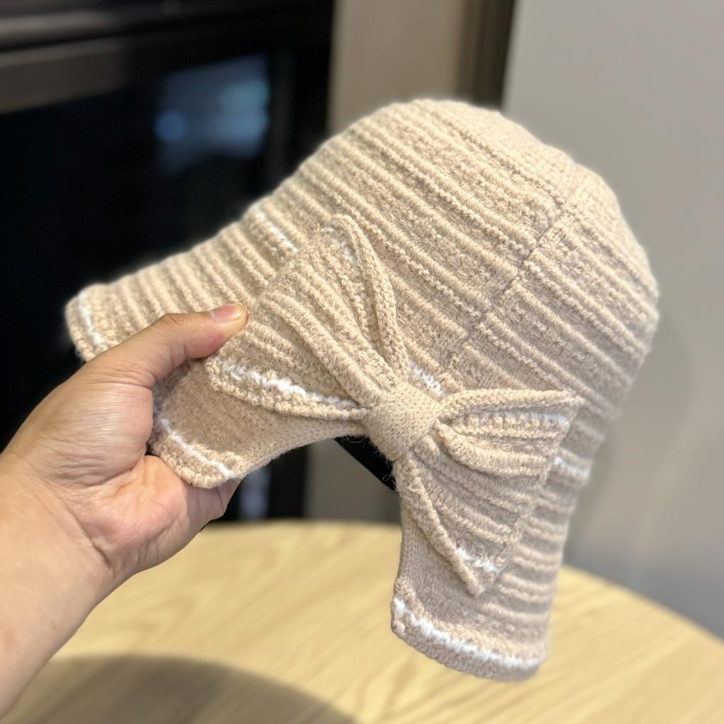 New Korean Style Knitted Bow Fisherman Hat for Women Versatile Face Showing Small Basin Hat Foldable Autumn and Winter Bucket Hat