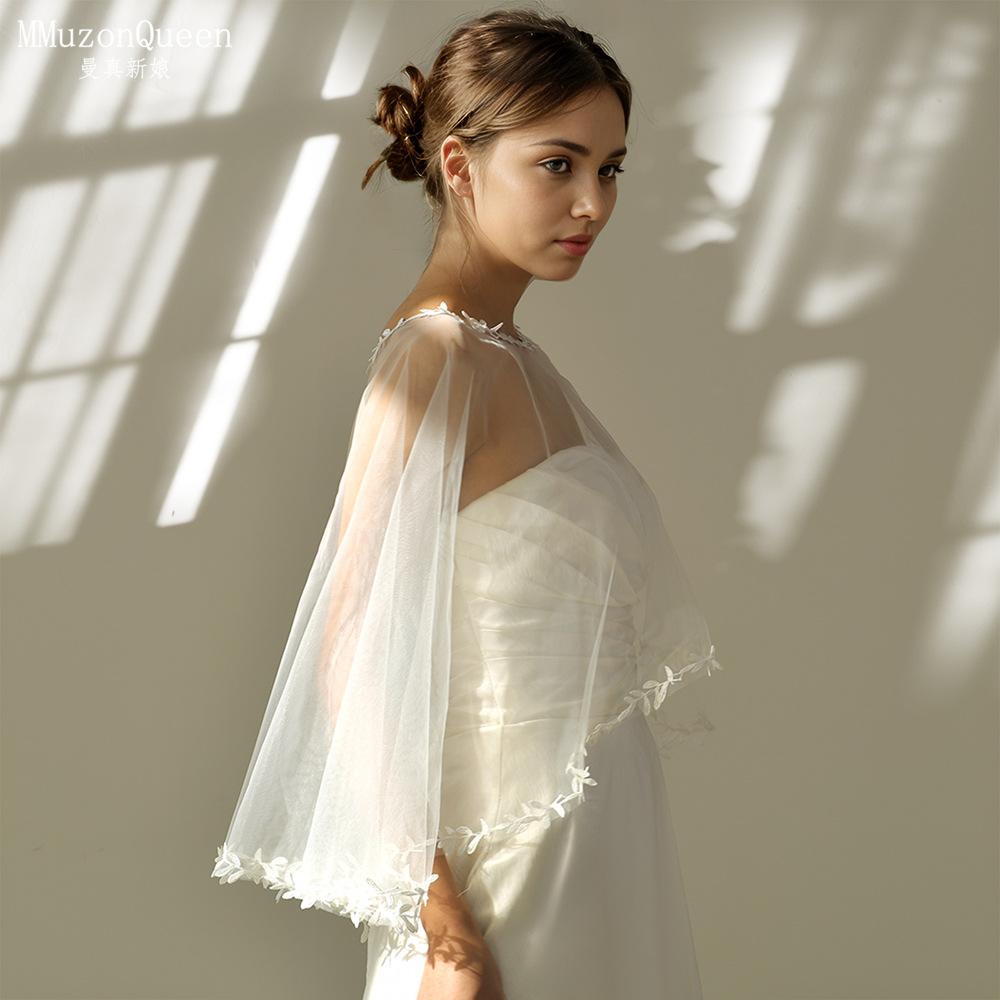 Weißes Blattstickerei durchsichtiger Tüll Umhang Schulterwärmer, Rundhalsausschnitt florales Spitzennetz Schulterbedeckung für trägerloses Satin-Hochzeits Brautkleid Fotoshooting