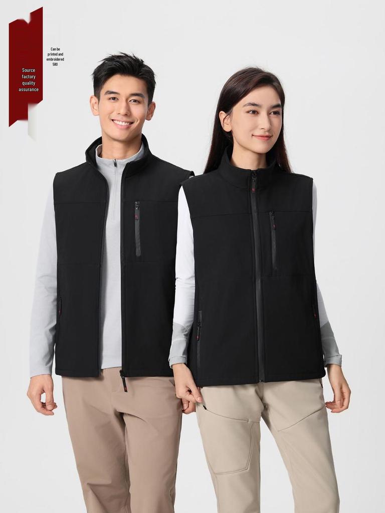 Unisex Workwear Vest: Casual, Plain Color, Stand Collar, Plus Velvet, Multi-Pocket, Zipper, Logo Customizable