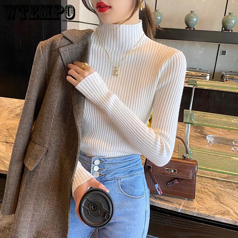 Solide schlanke Pullover Frauen gestrickte Pullover halb High Neck Langarm Topd Bottoming Shirt Jumper