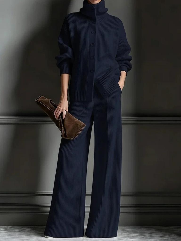 Podzim Zima Nový Pletený Kardigan s Vysokým Límcem Jednobarevný Dlouhý Rukáv Široké Kalhoty Set 2dílný Outfit
