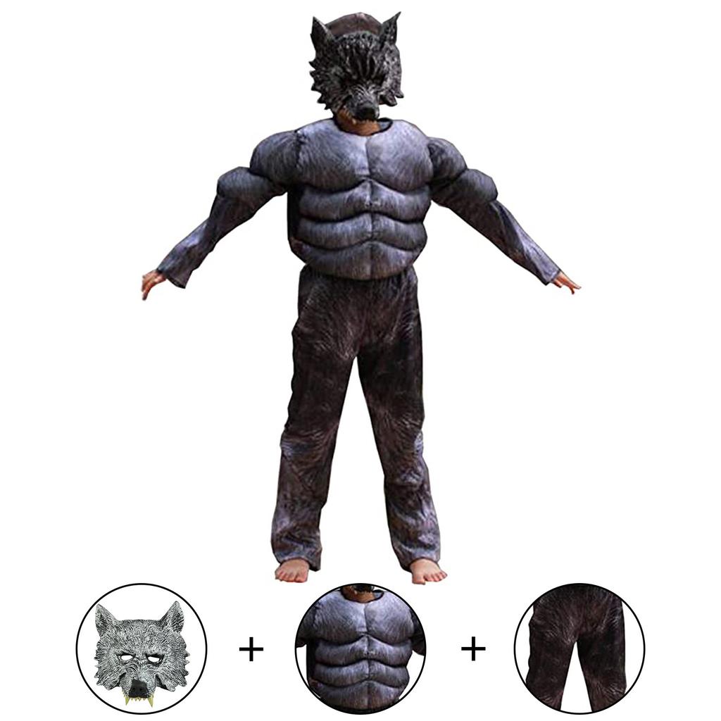 Halloweenský dětský vlčí svalový top + kalhoty + vlčí maska