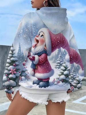Women's Christmas Dwarf Print Hoodie, Casual Pullover, with Kangaroo Pocket, Medium Stretch Knitted Fabric, Four Season Long Sleeve Hoodie