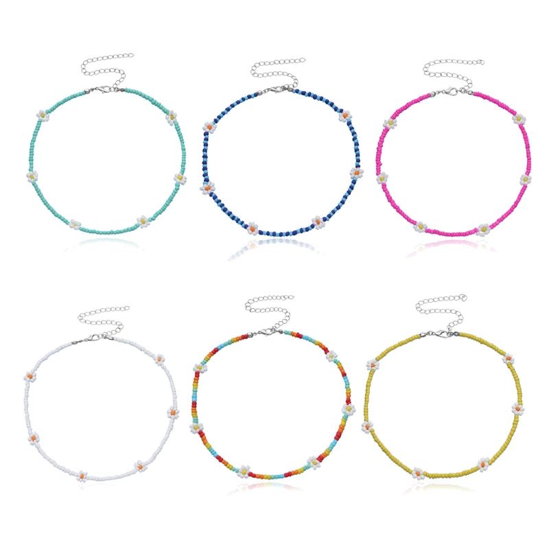 Colorful  Beaded Daisy Flower Choker Necklace Ajdustable Chain Clavicle for Women Girls Cute Handmade Boho Jewelry
