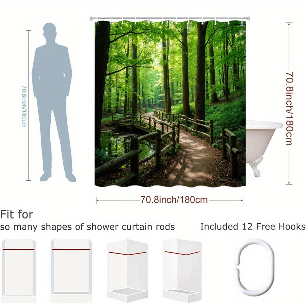 Forest Path Shower Curtain Green Trees And Wooden Bridge Print Polyester Bath Curtain With 12 Hooks For Nature Decor