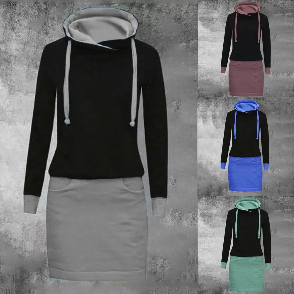 Kvinner Casual Solid Block Langermet O- Hals Over Kneet Kjole Løse kjoler