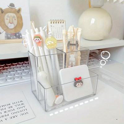Simple Acrylic Transparent 3 Grids Pen Holder Box Make Up Brush Container Cosmetic Organizer Student Desktop Pen Storage Box
