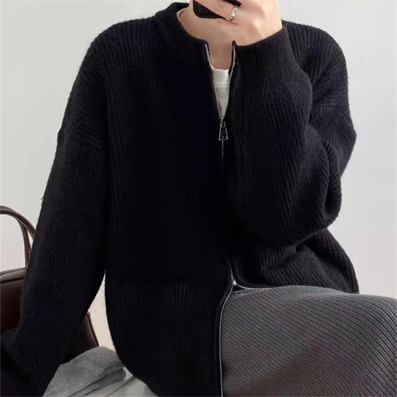 Jednobarevný svetr s dvojitým zipem Cardigan Dámská volná ležérní pletená bunda