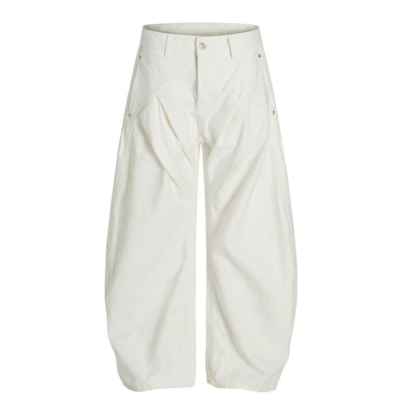 Kisko American Retro Cut Deconstructed White Scimitar Jeans Unisex Trendy Loose Straight Casual Pants