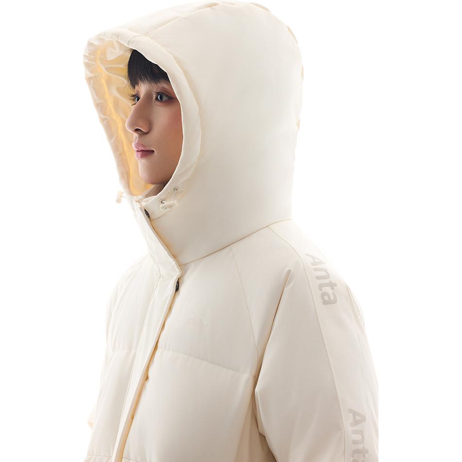 Anta Letter Zipper Hooded Comfortable Breathable Versatile Casual Long Down Jacket Women outerwear Vanilla Cream 962448902-1