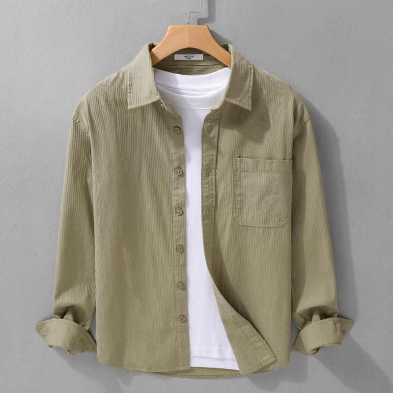 Spring and Autumn Casual Shirts for Man Retro Style Long Sleeve Top Daily Pure Cotton Turn Down Collar Solid Color Shirt with Pocket