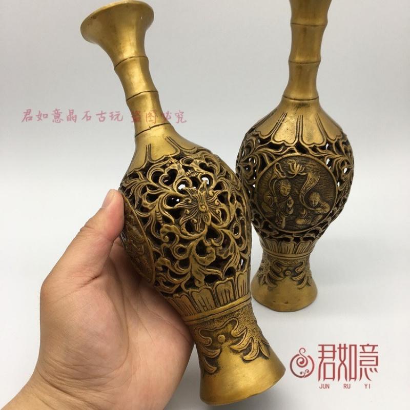 Çift Erkek Pirinç Oyuk Çiçek Bakır Şişeler Dar Ağızlı Vazolar Dekoratif Antik Co