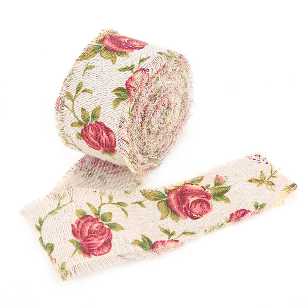 DIY Printed Rose Flower Burlap Ribbon Hessian Jute Belt Strap Wedding Cloth Decoration 10m