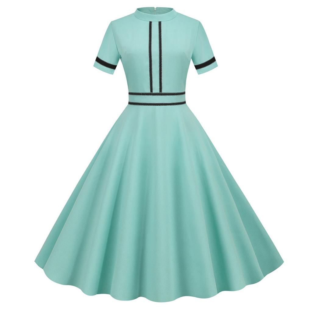 Women's Color Vintage Short-Sleeved Stand-Up Collar Fashion Party Hem Dress