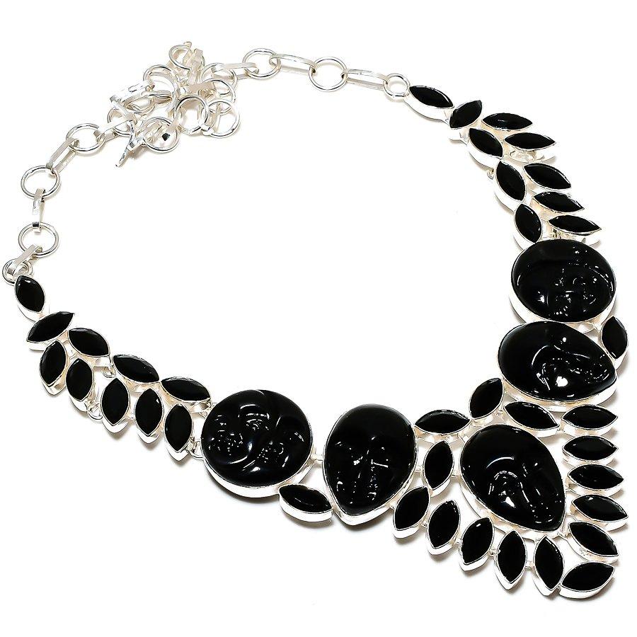 Black Onyx Gemstone Handmade 925 Sterling Silver Jewelry Necklace 18" SU-9800
