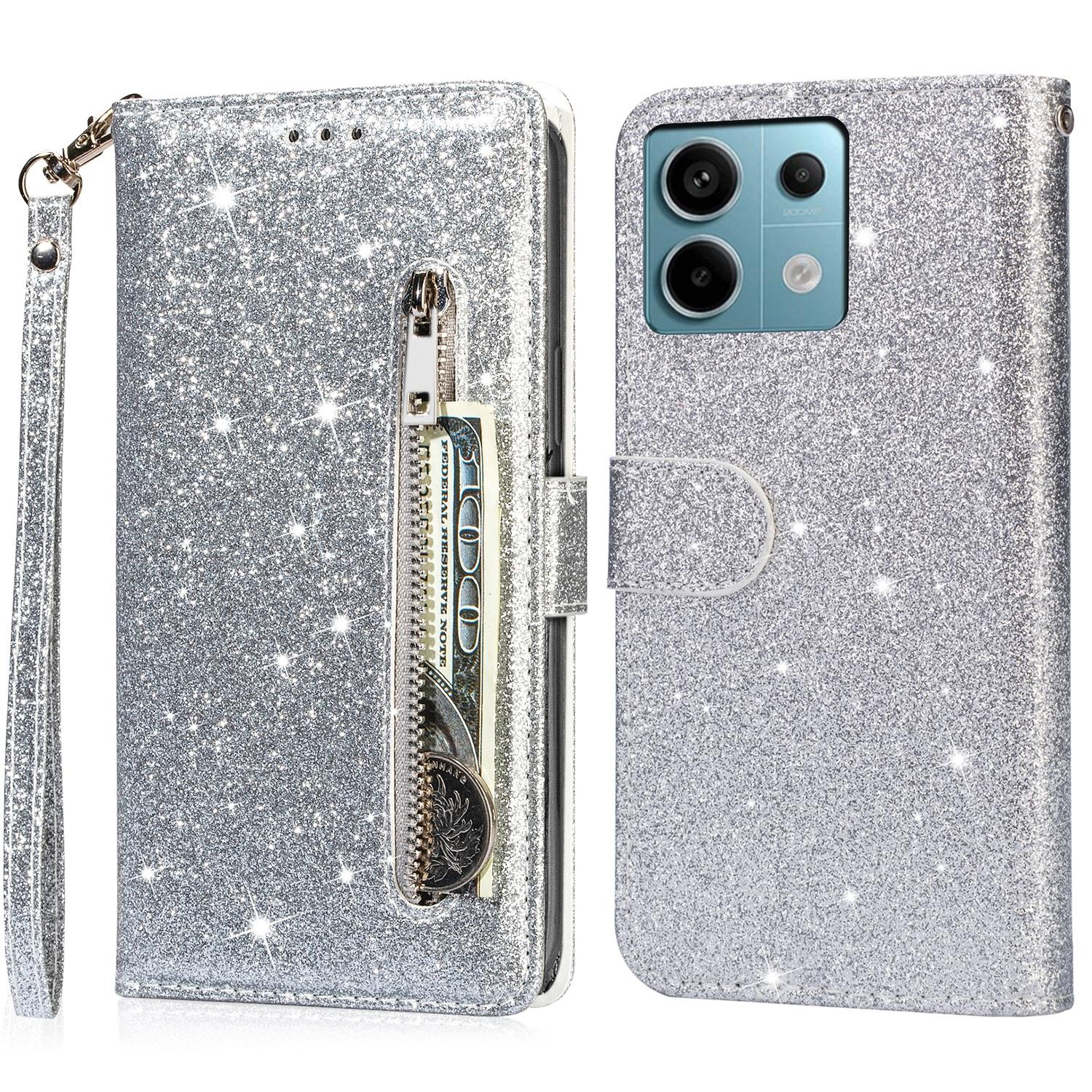 

For Xiaomi Redmi Note 13 Pro 5G/Poco X6 5G Case Glitter Zipper Leather Cover with Wallet Silver