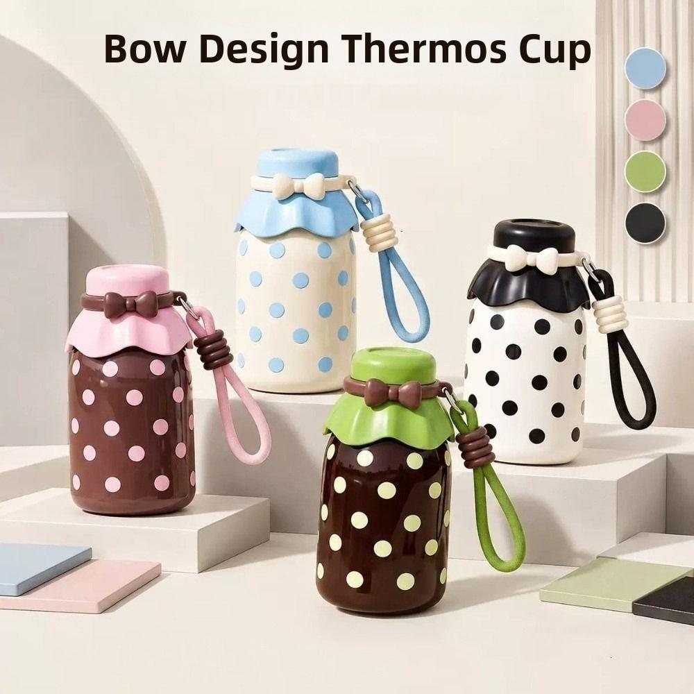 540ml Thermal Water Bottle Stainless Steel Polka Dot Straw Thermos Cup with Handle Retro Vacuum Flask Sports Activities