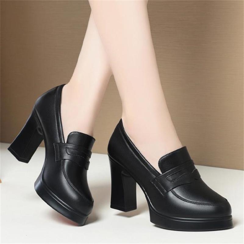 Comfort Fashion Deep Mouth Soft Leather Women's Platform Shoes Elegant Black Block High Heels Shoes Single Shoe for Office Women