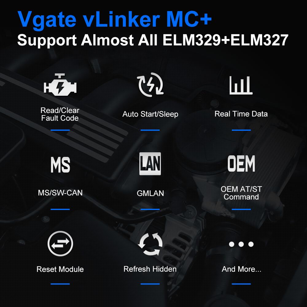 Vgate VLinker MC+ BLE Bluetooth 4.0 Pro IOS Android SW-CAN MS-CAN OBD Diagnostický nástroj