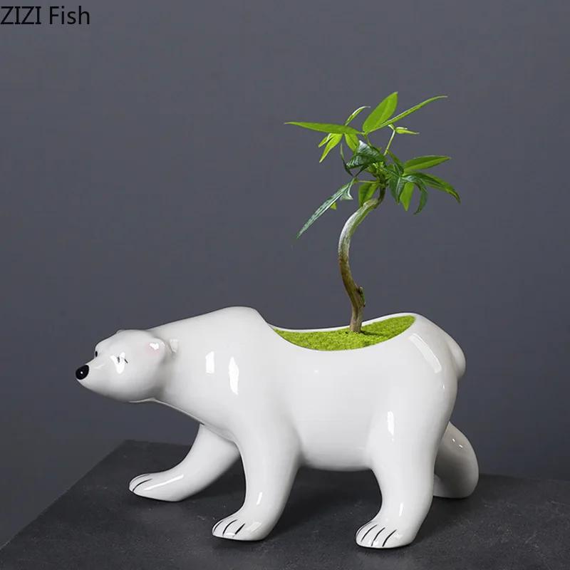 Cartoon Polar Bear Ceramic Vase Creative Small Plant Pots Table Decoration Flowers Arrangement Flower Vase Room Aesthetic Decor