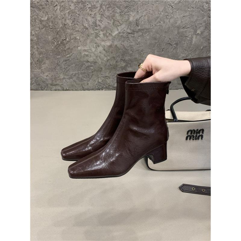 2025 Winter neue Stiefel mit dickem Absatz und eckiger Spitze, kurze Stiefel im koreanischen Stil, elastische Stiefel
