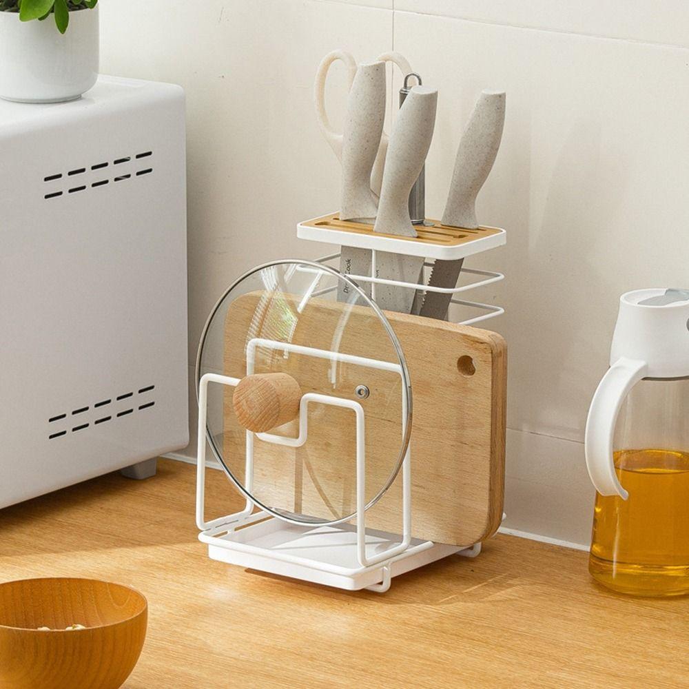 Large Capacity Cutlery Inserted Block Storage Tank Black/White Pot Cover Stand  for Kitchen