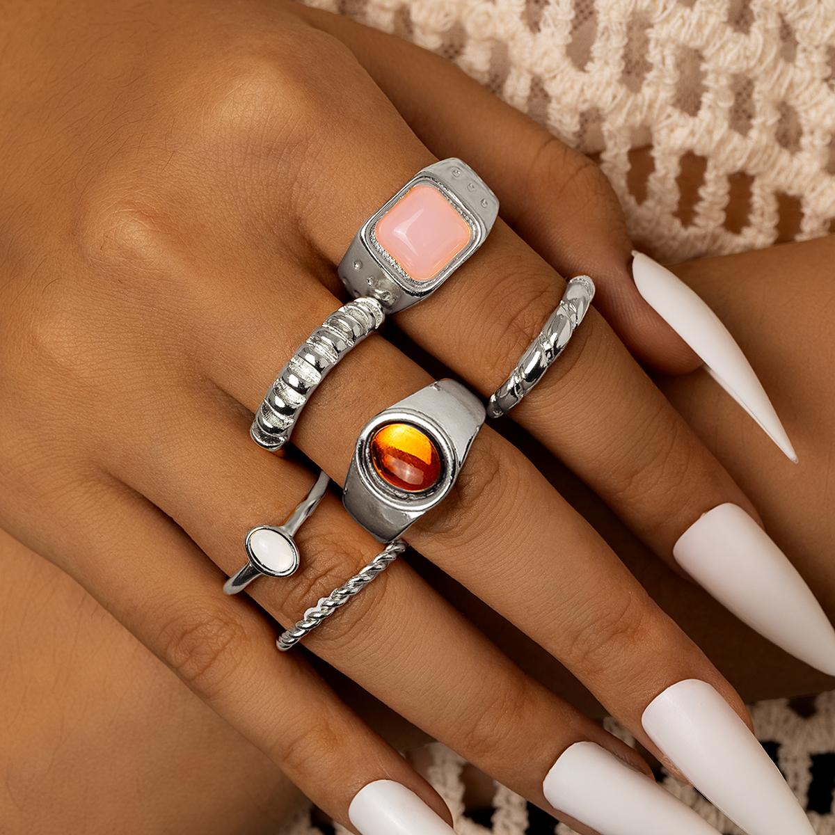 

6 Pieces Fashion Personalized Pink Opal Twisted Fried Dough Twists Braid Stacked Women s Ring Set