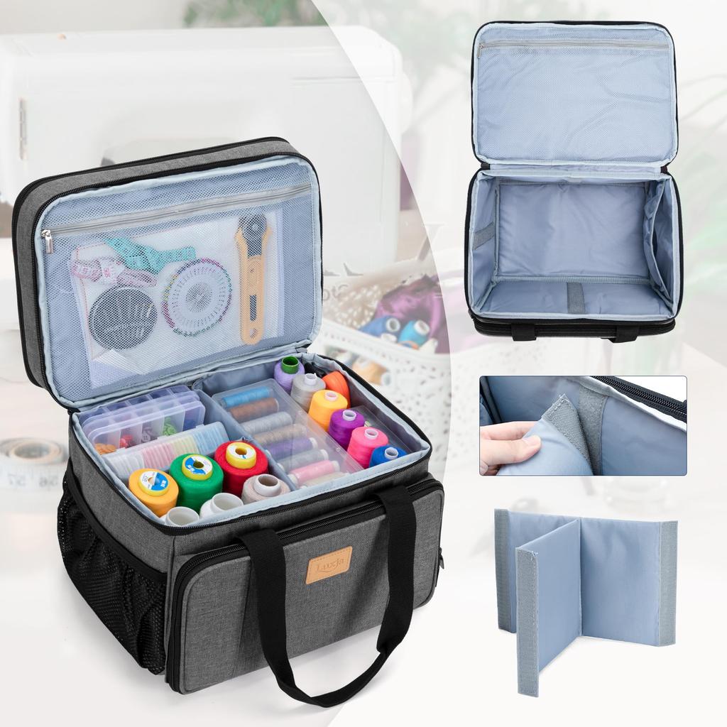Luxja Sewing Box, Large Capacity Sewing Bag, Two-Tier Storage, Multi-Pocket, Sewing Tool Storage, Portable Sewing Bag, Bag Only, Gray