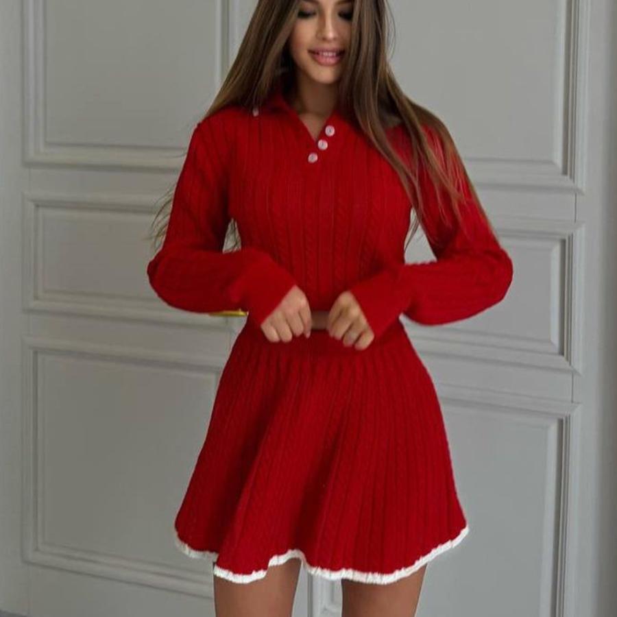 Completo da Donna in Maglia - Cardigan a Bottoni Manica Lunga + Minigonna a Ombrello (Primavera Autunno)