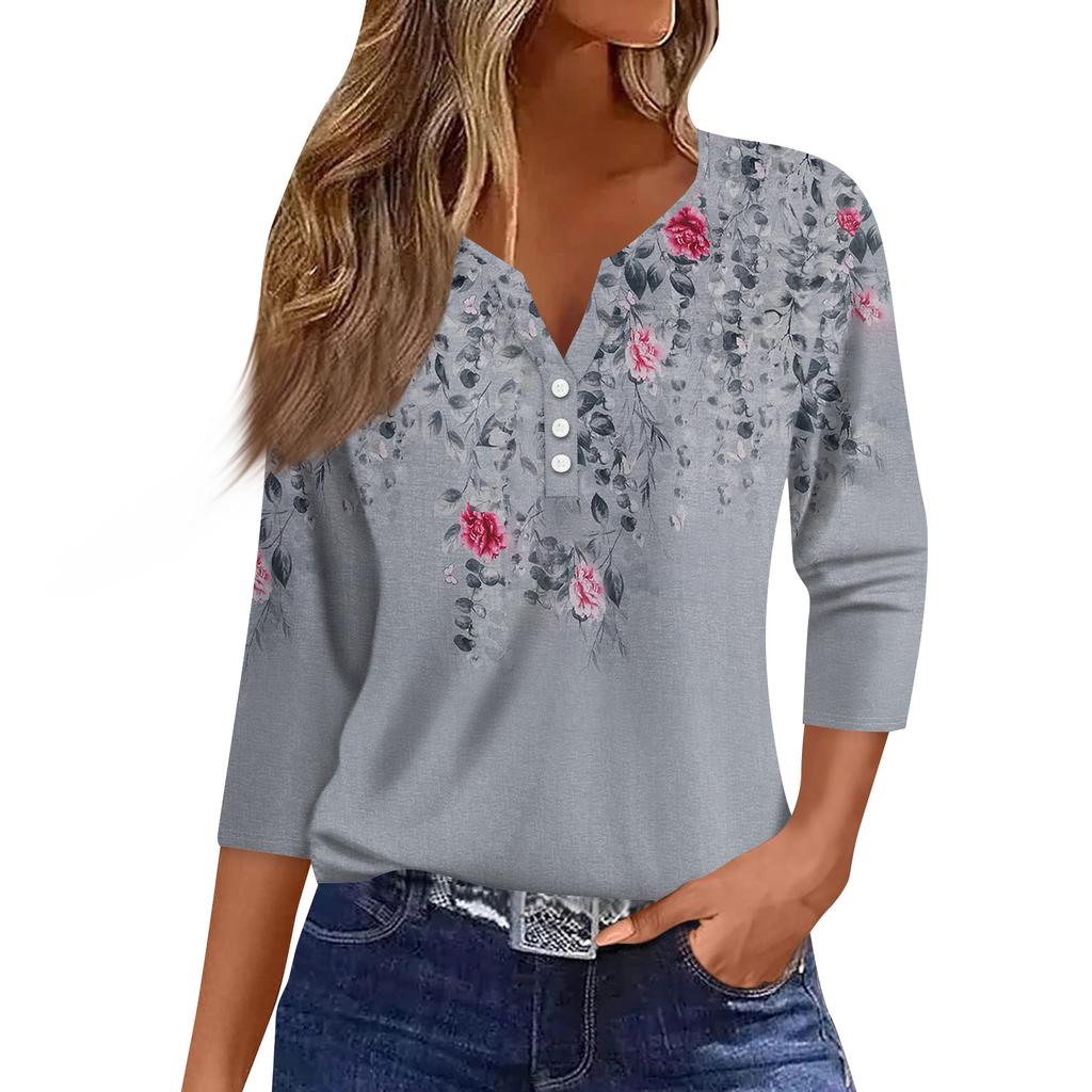Women's Fashion Casual Seven Split Sleeve Burst Vintage Floral Print Pullover Top