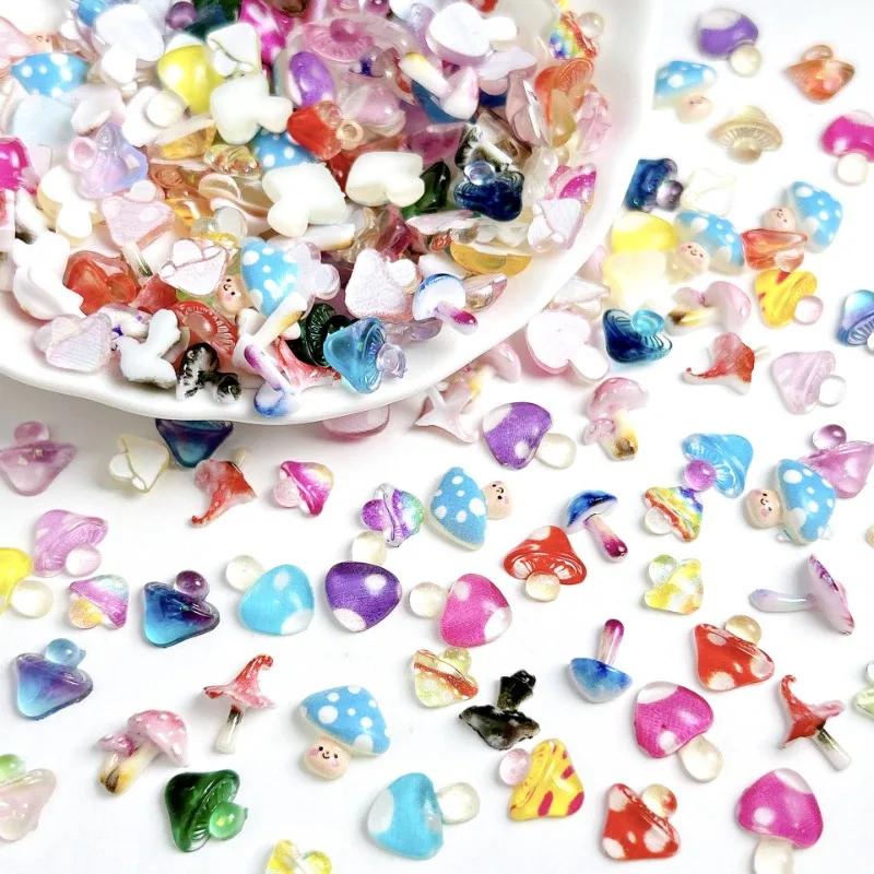 30/90pcs Dopamine Colored Adorable Mushroom Resin Nail Charms Colorful Dazzling Translucent Nail Art Decorations DIY Nails Ins