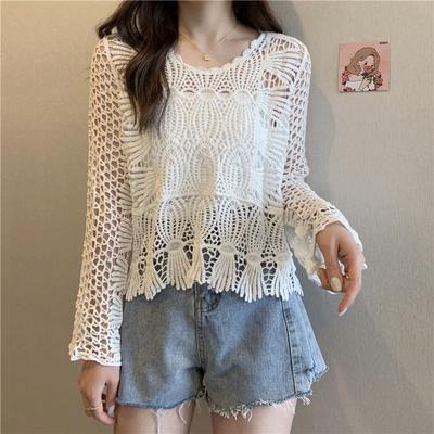 Holle gebreide blouse dames zomer losse dunne zonnebrandcrème airconditioning shirt effen kleur chique kant korte top