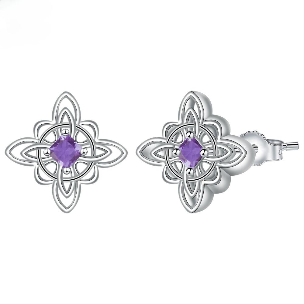 925 Sterlingového stříbra Originální náušnice pecky Uzel čarodějnic pro ženy Fialový 5A zirkon Ochranný amulet Náušnice Nudo De Bruja Šperky