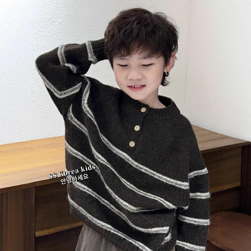Unisex Children's Casual Striped Knit Sweater - Soft Retro Autumn/Winter Wear 2025