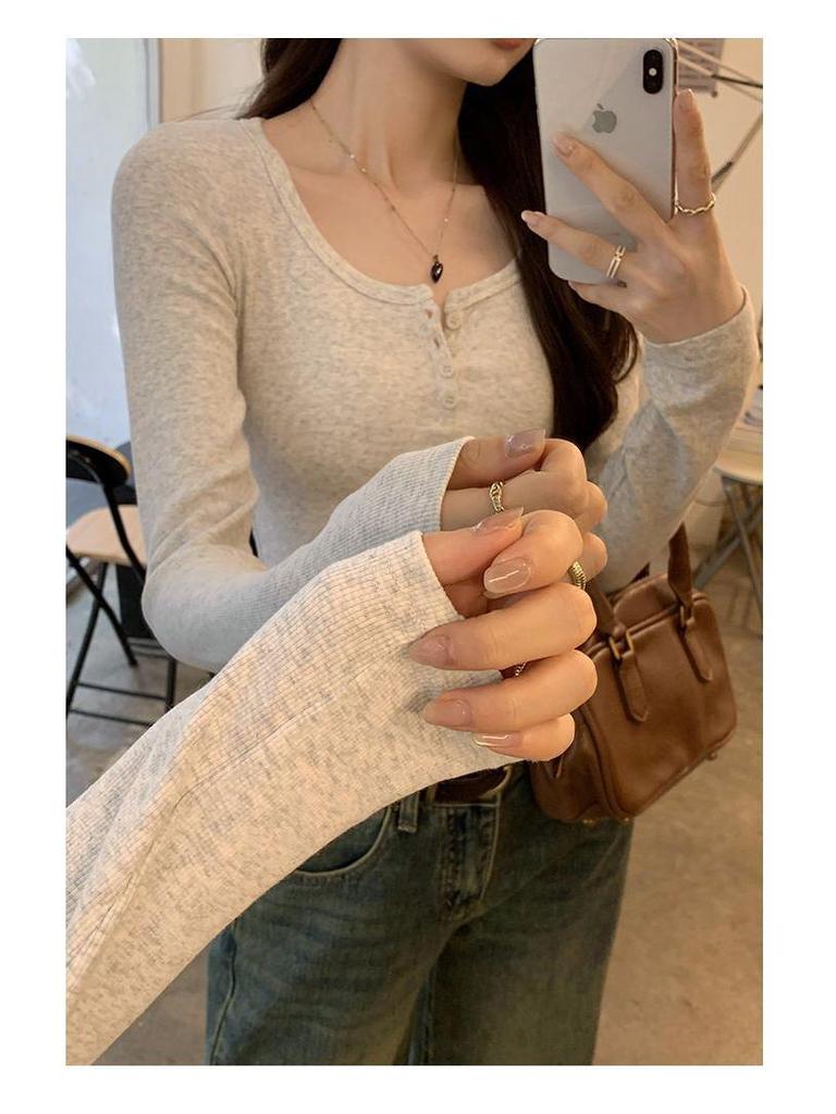 Women's U-Neck Long-Sleeve Shirt: Grey, Simple & Versatile - Perfect Autumn 2025 Base Layer