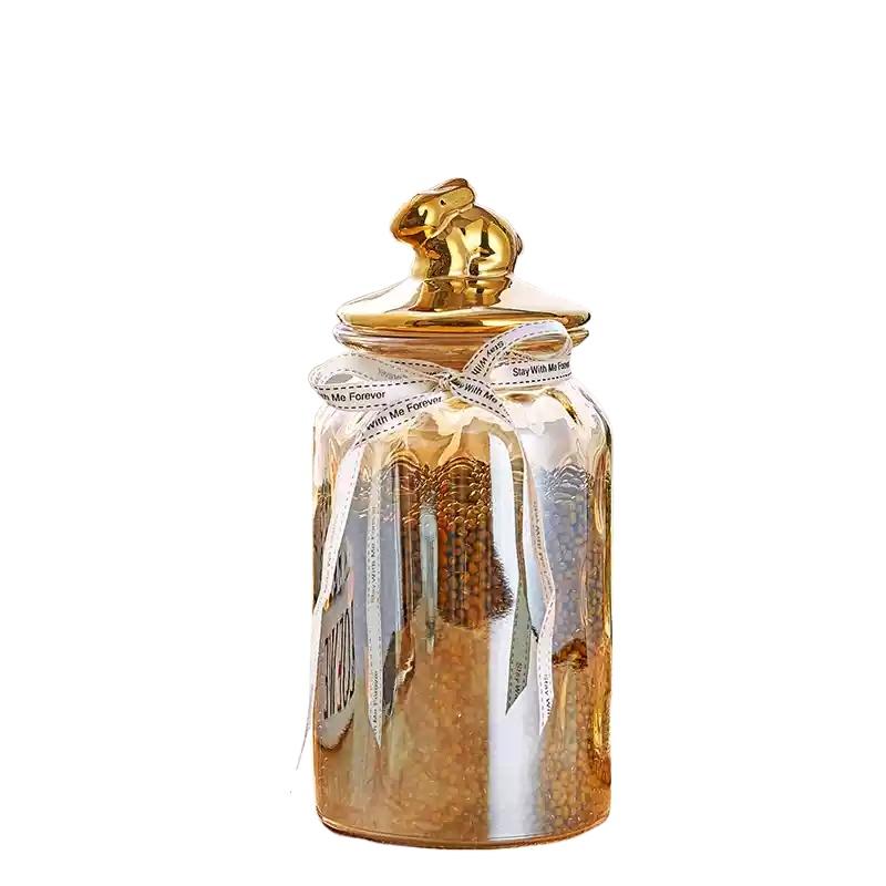 Creative Amber Clear Glass Jar Gold Bunny Glass Bottle Candy Oatmeal Storage Jar Kitchen Seal Food Container Home Decoration