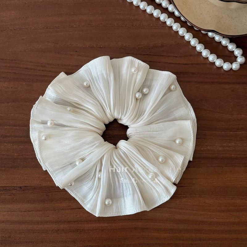Elegant French Pearlescent Satin Hair Tie - Super Fairy Mesh Pearl Ponytail Holder