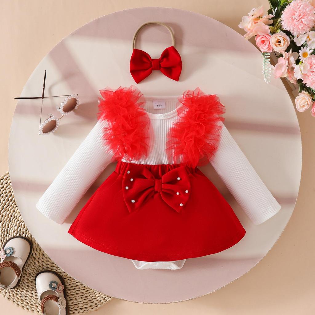 Baby Girl Long-Sleeve Ribbed Romper with Mesh Skirt Hem and Beaded Bow for Autumn and Winter