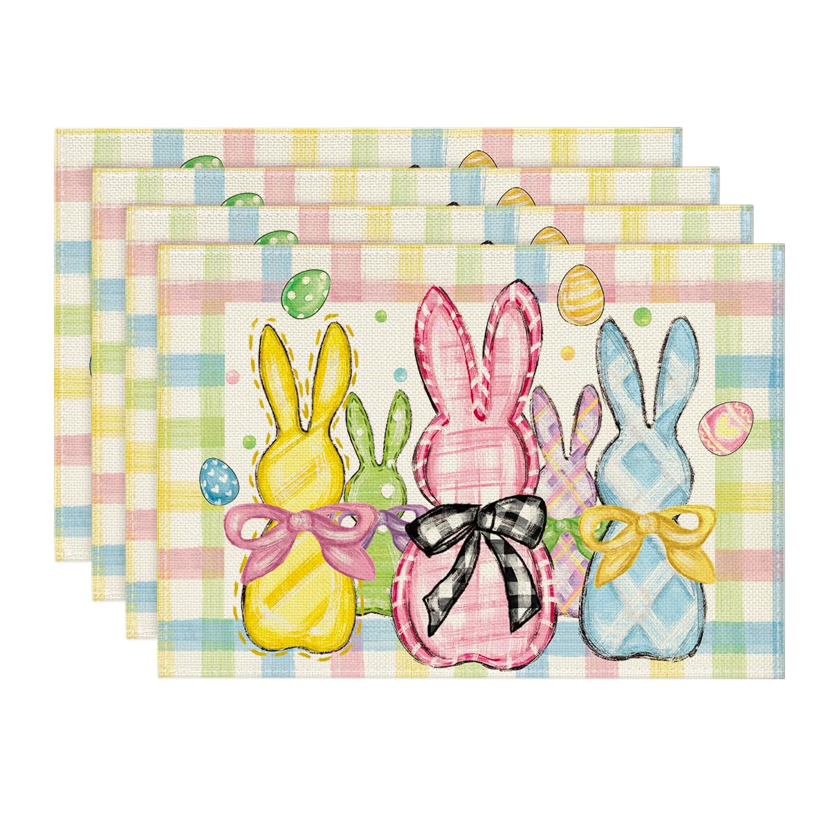 

Colorful Buffalo Plaid Bunny Rabbits Happy Easter Placemats Set of 4 12x18 Inch Seasonal Spring Holiday Table Mats for Party Kitchen Dining Decoration 12 x 18 , Rectangular 4 Pcs