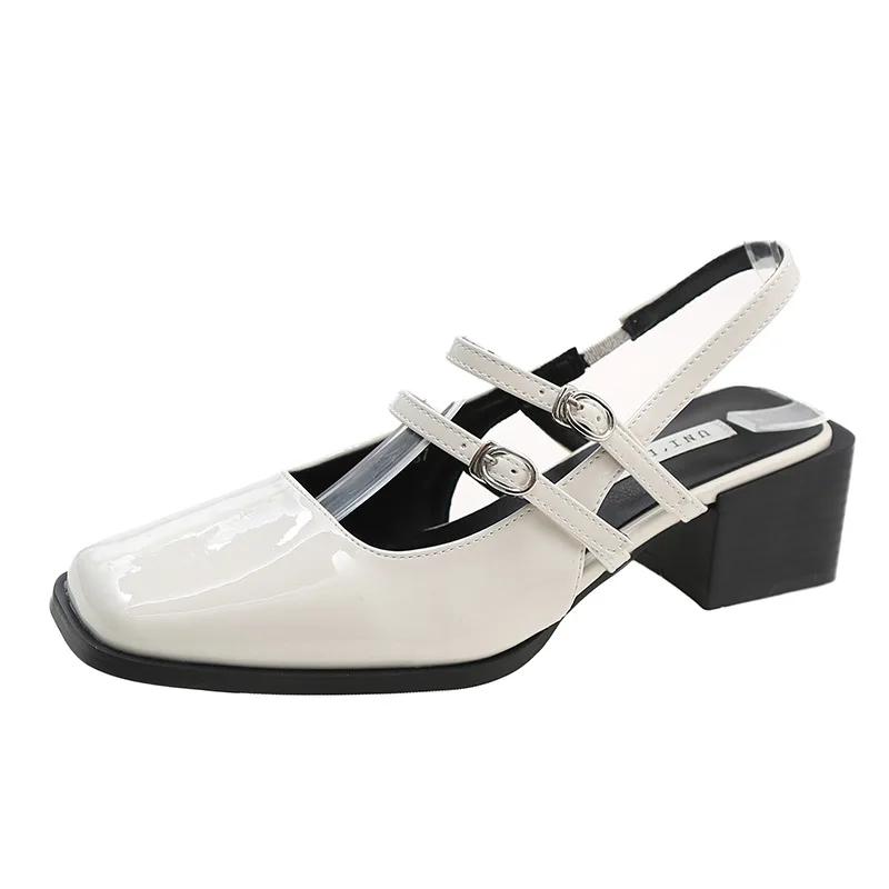 

Женские летние новые ретро-сандалии Baotou с квадратной головкой и одной линией, пряжкой сзади, толстым полым каблуком 35 бежевый