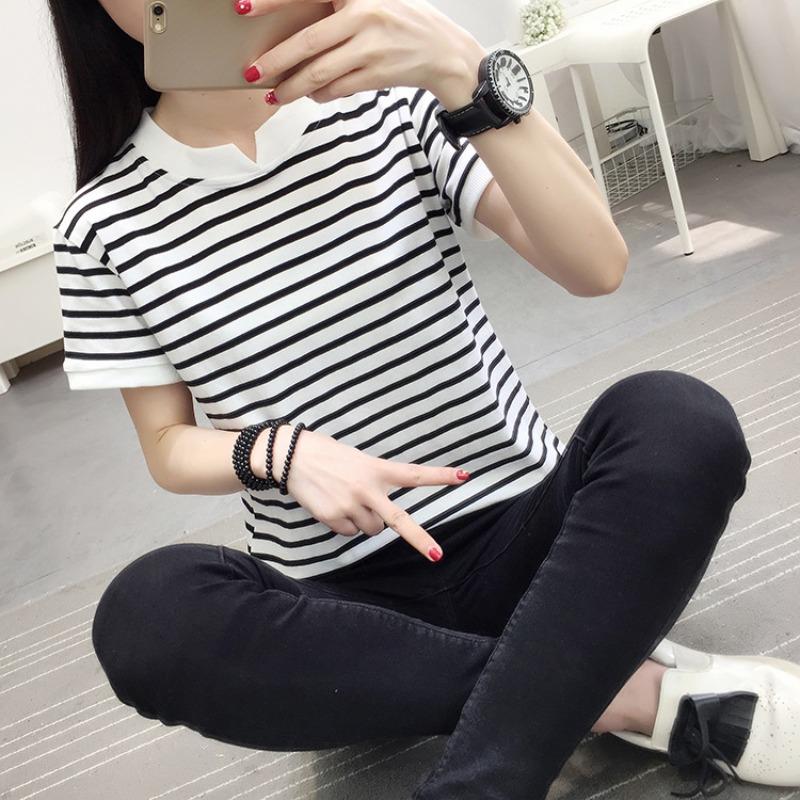 Summer Women's Loose Cotton Short-sleeved T-shirt Striped Half-sleeved Commuter Top