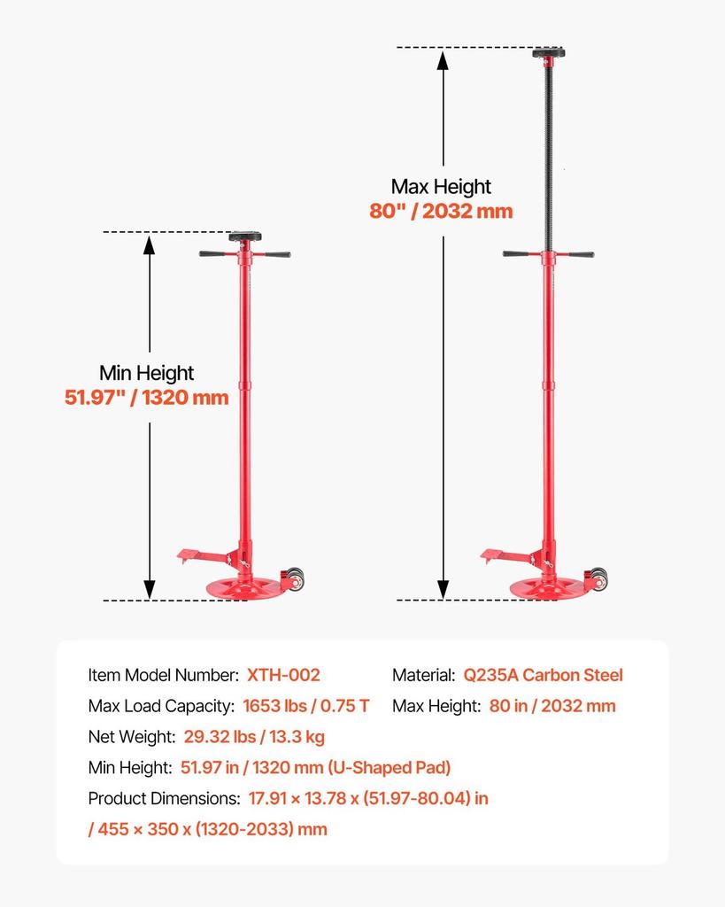 Underhoist Support Stand, 3/4 Ton Capacity Under Hoist Jack Stand with Two Wheels, Lifting from 1320 To 2032 Mm, Bearing Mounted Spin Handle, Foot